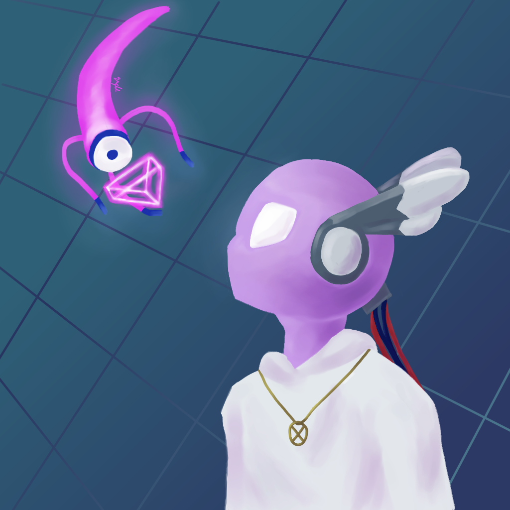 Unparalleled Innocence stares up at their overseer. They are in their chamber, which is a soft blue. Innocence themself is lavender, wearing a white cloak and a necklace with the karma 10 symbol on it. Their antennae have two lobes and are shaped like feathers, with white on the tips and on their headphones. Their overseer is a bright magenta.